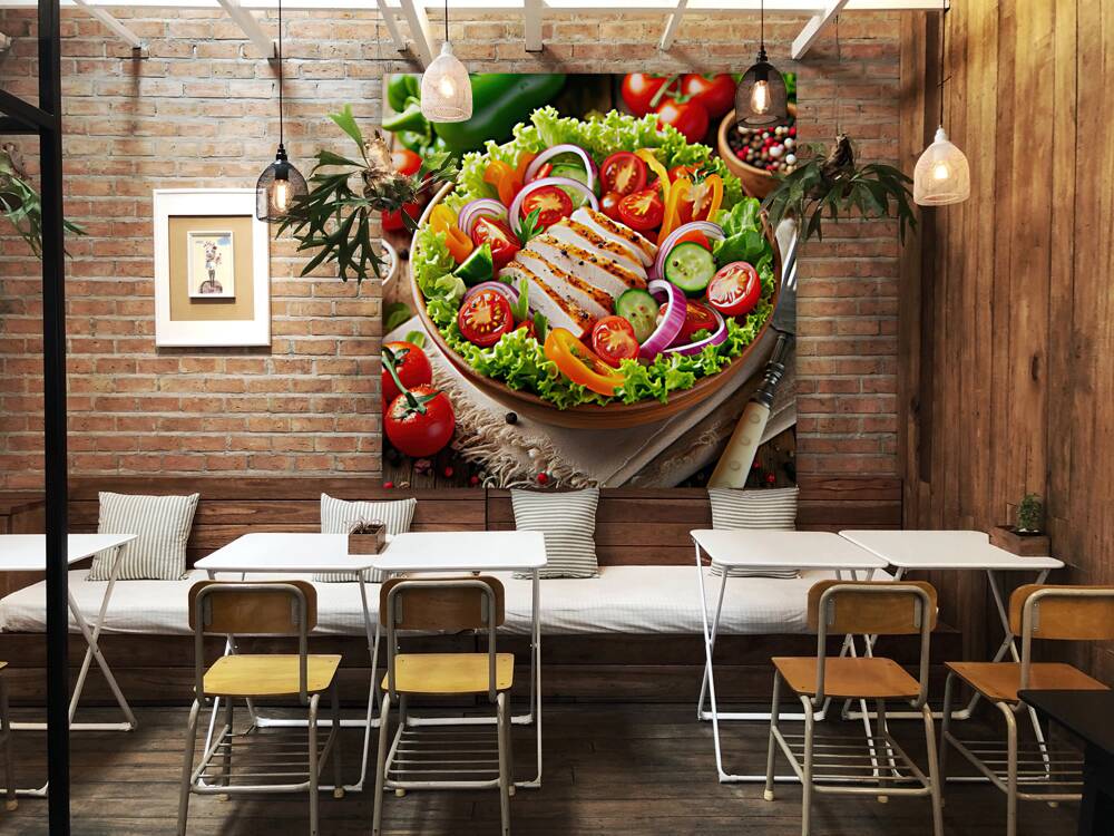 Chicken salad with tomato lettuce on wooden board 1715271953.3073 Reproduction