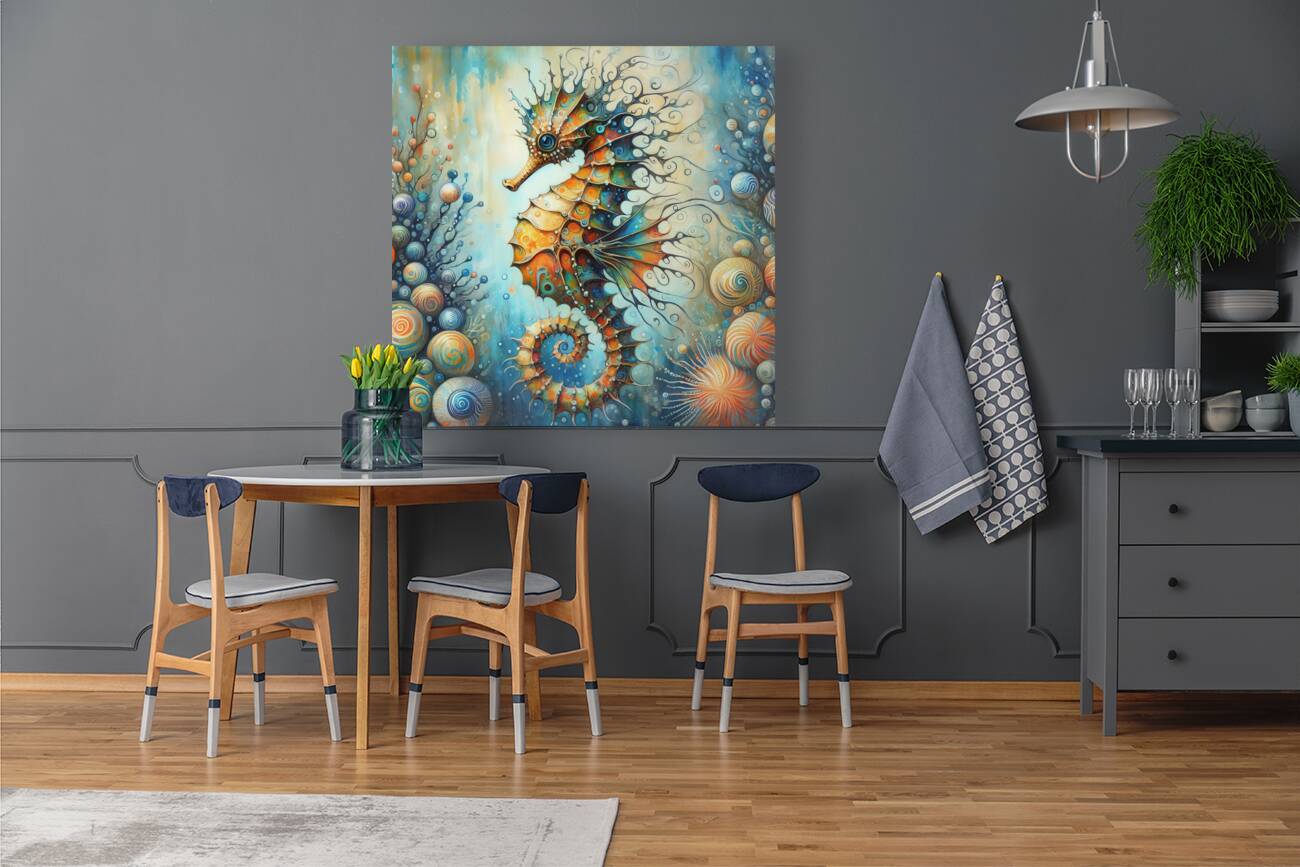300 Mixed media painting of a whimsical seahorse. Reproduction