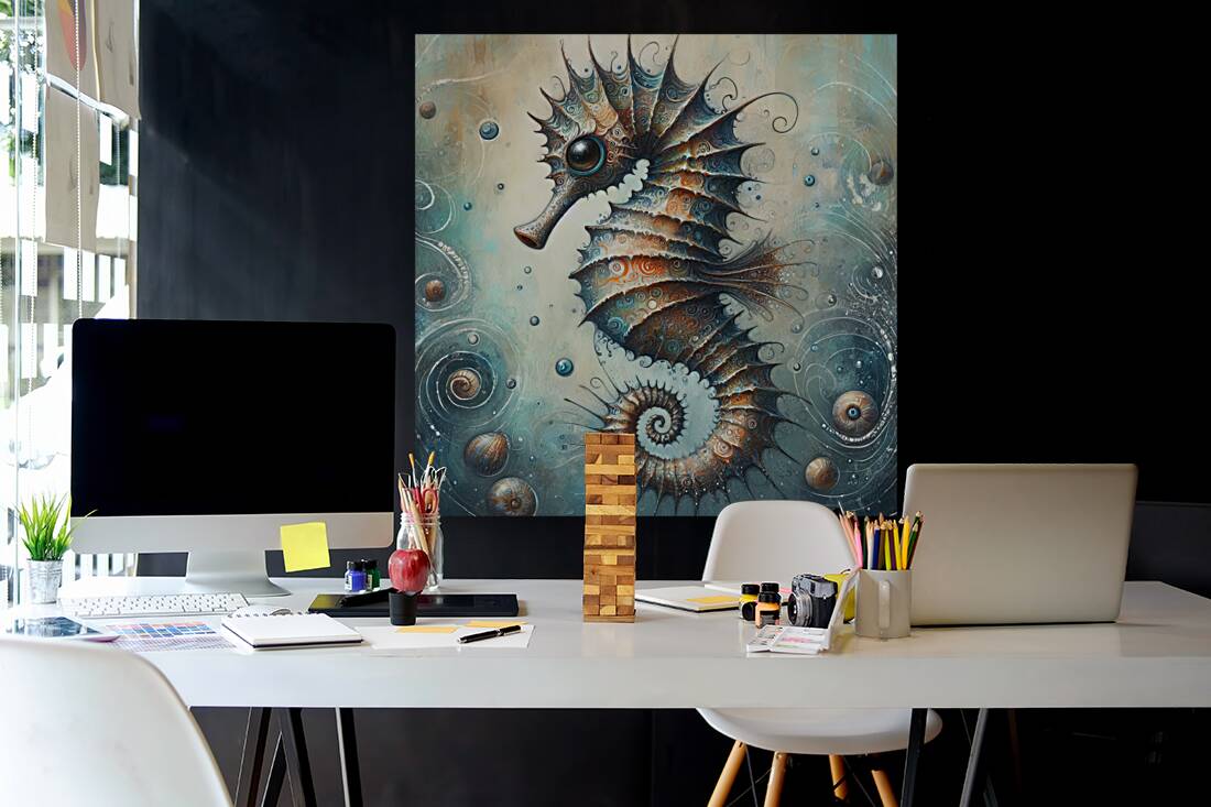 292 Mixed media painting of a whimsical seahorse. Reproduction