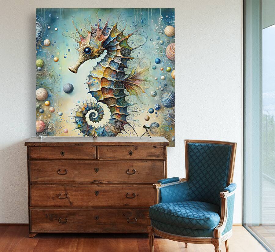 299 Mixed media painting of a whimsical seahorse. Reproduction