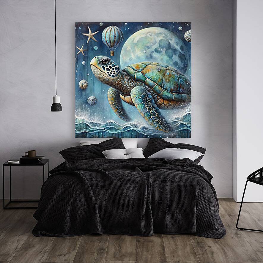 324 Mixed media painting of a whimsical sea turtl Reproduction