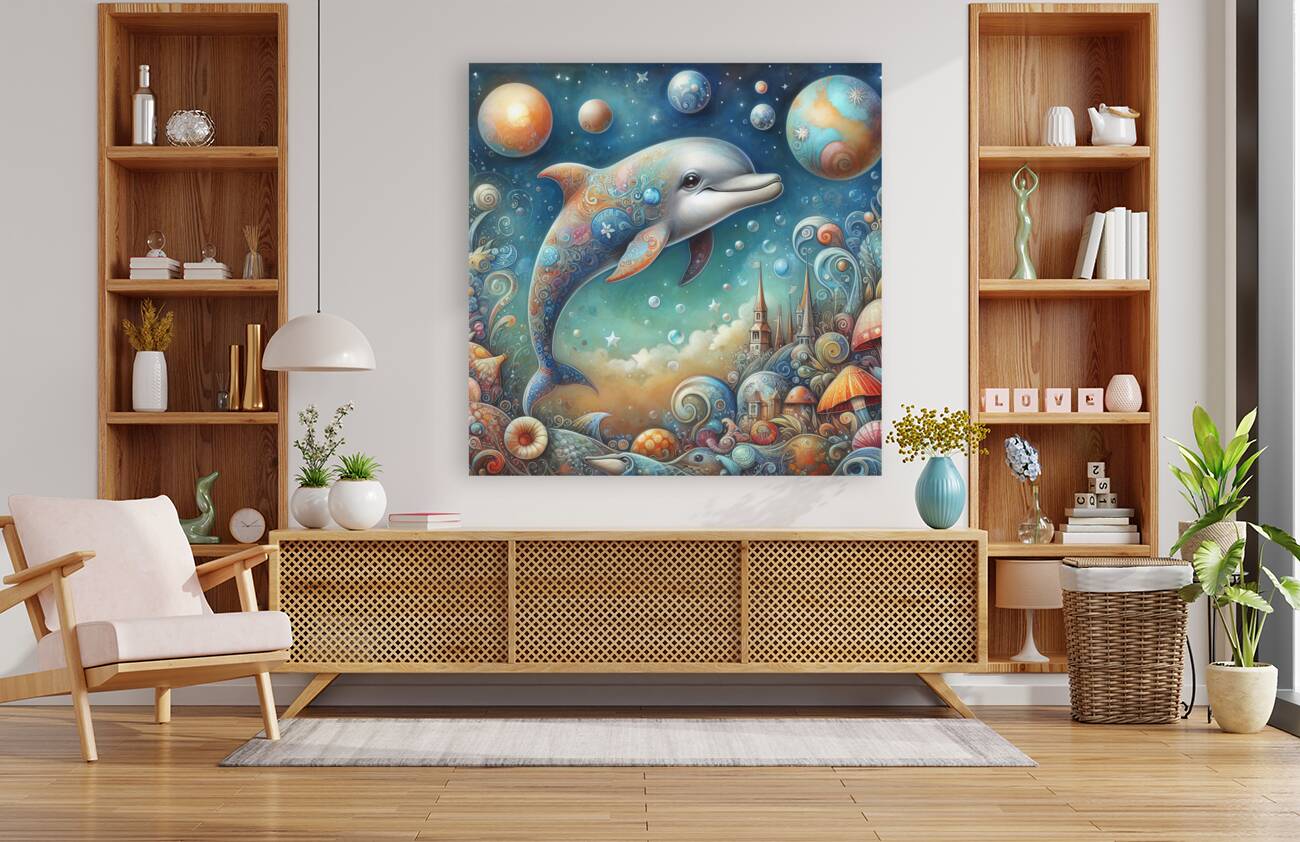 371 Mixed media painting of a whimsical dolphin.j Reproduction