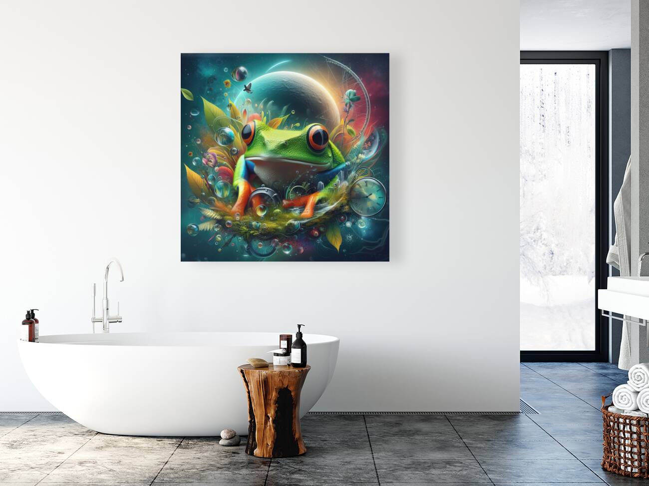 124 Creative natural background with a green frog Reproduction