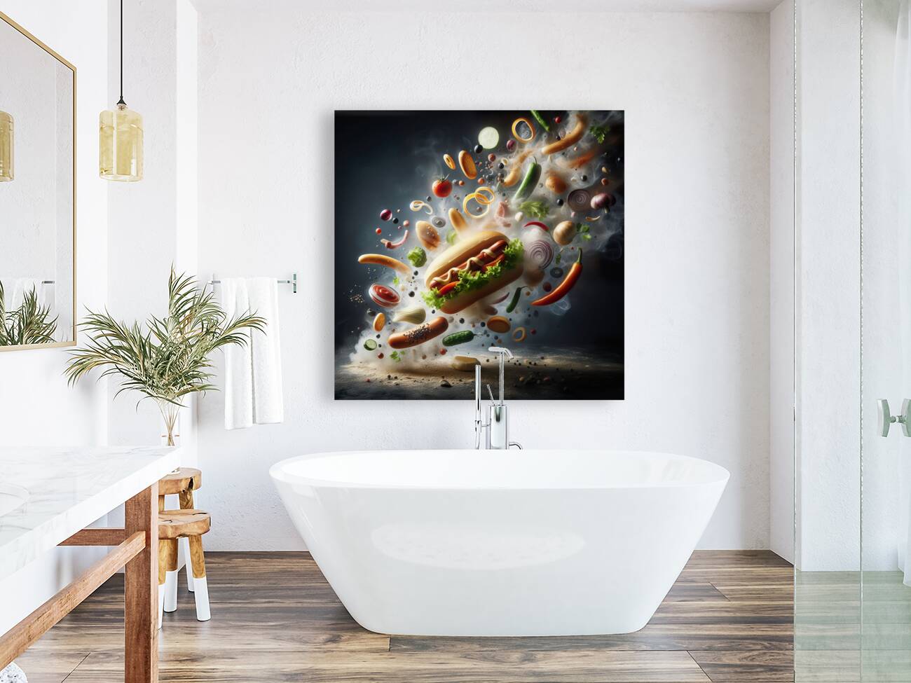 150 Creative food concept. Delicious hotdog bun w Reproduction