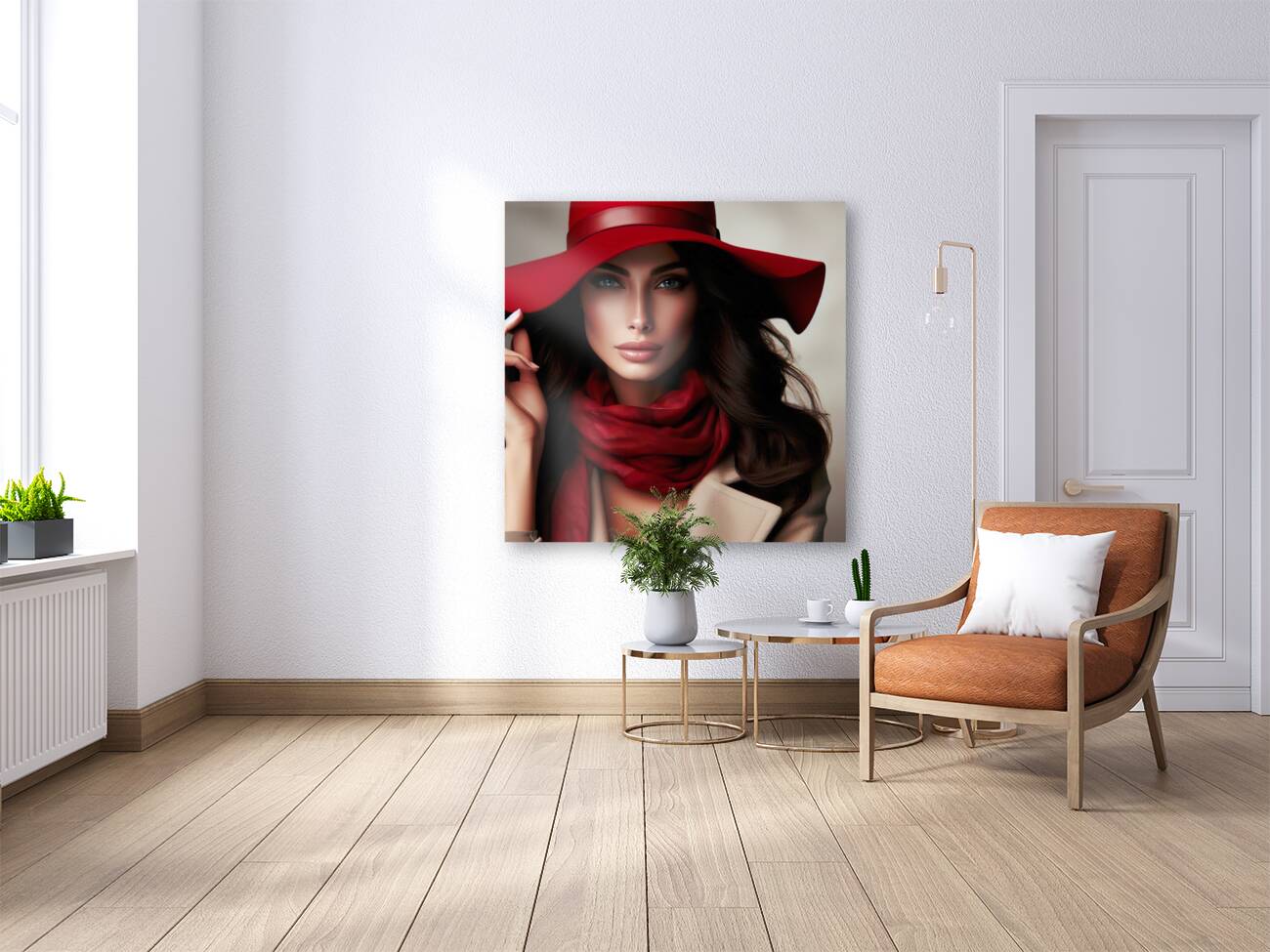 56 Elegant Woman in Red Hat and Scarf Reproduction