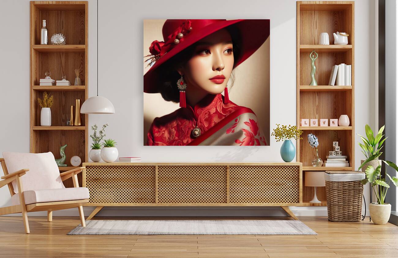 54 Elegant Woman in Red Hat and Scarf Reproduction