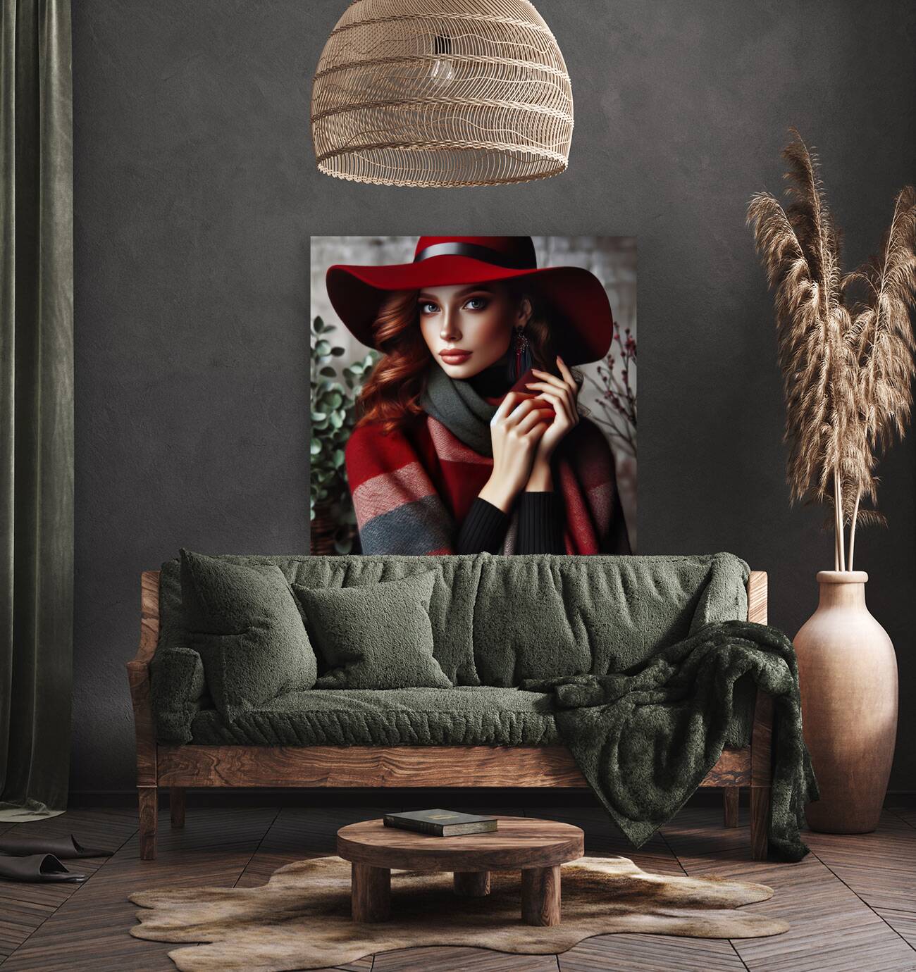 53 Elegant Woman in Red Hat and Scarf Reproduction