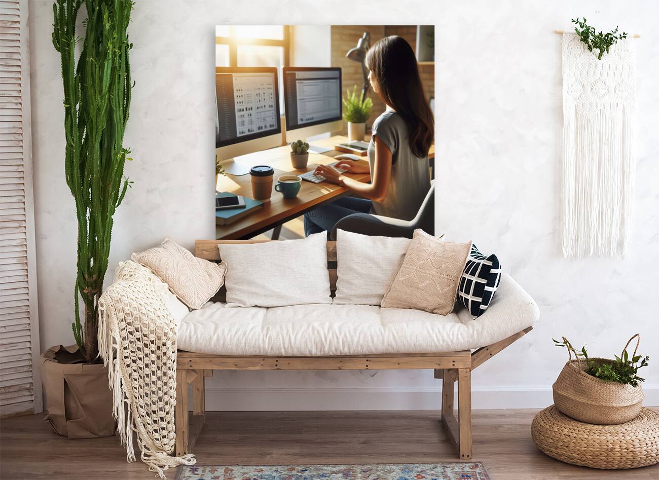 87 Woman working with her back at a desk with two 1718050788.6058 Reproduction