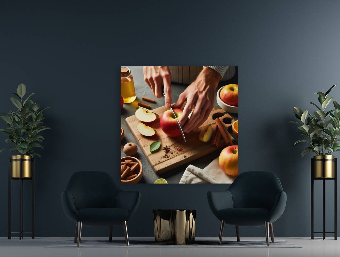 142 Cropped picture of hands cutting apple on cut Reproduction