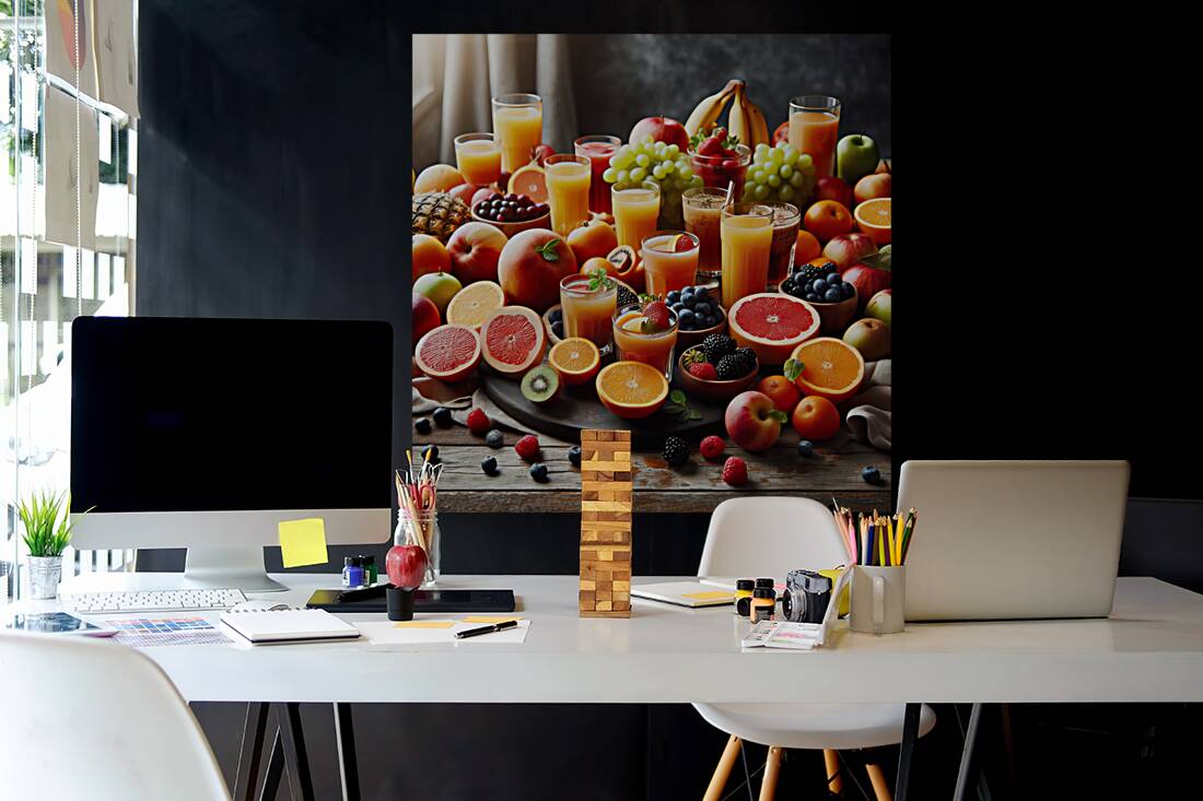 100 A table covered with glasses of juice and ass Reproduction