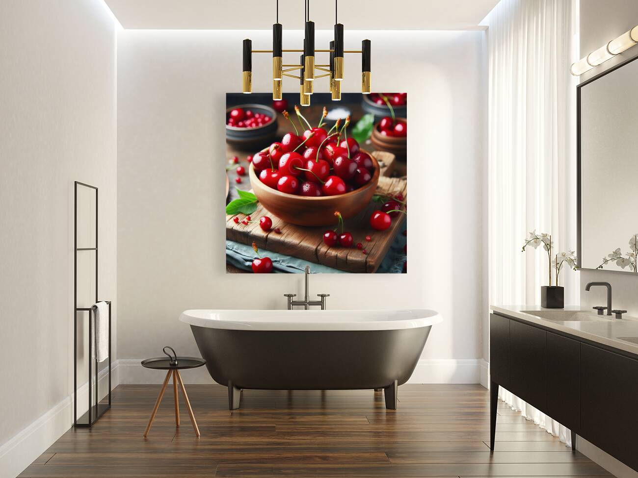 160 Red cherries on wooden board Reproduction