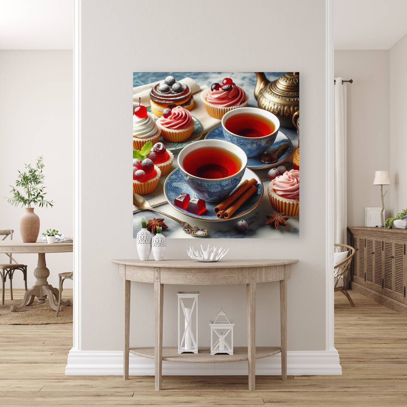 268 Two cups of red tea with cakes and sweets on Reproduction