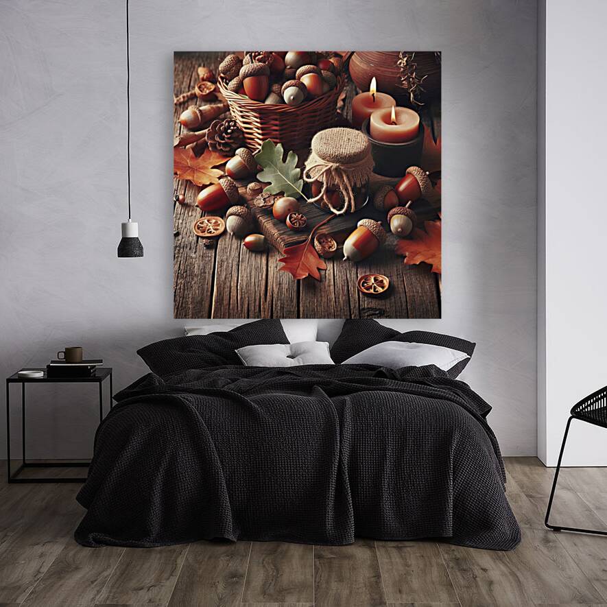 300 acorns and leaves on wooden table with copy s Reproduction