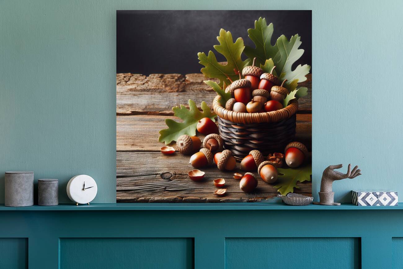 301 acorns and leaves on wooden table with copy s Reproduction
