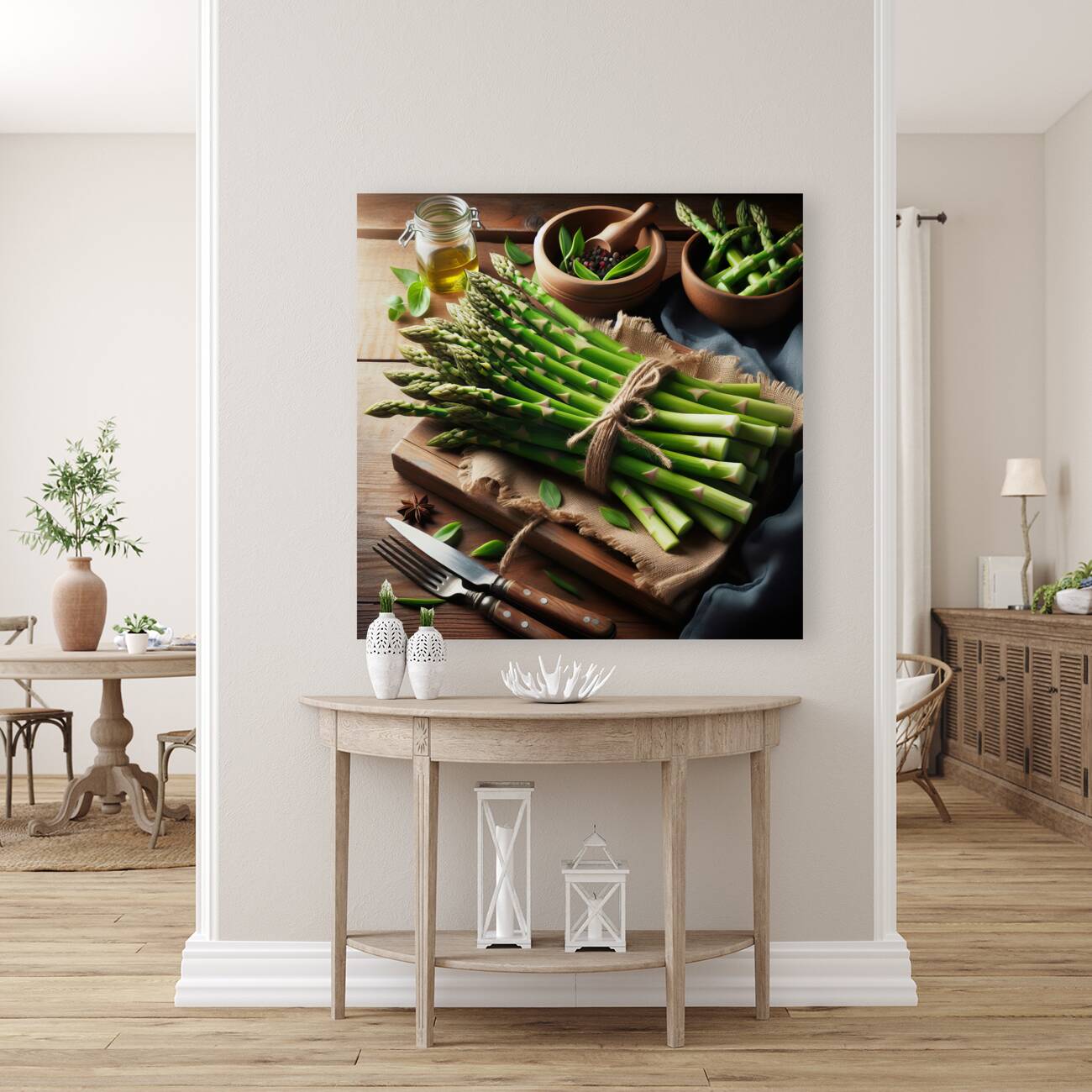 311 fresh thin green asparagus on a wooden table. Reproduction