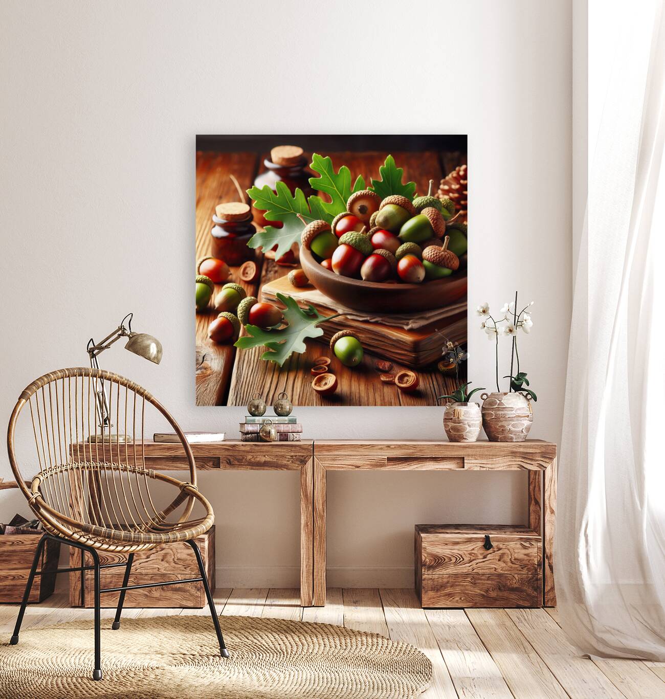 302 acorns and leaves on wooden table with copy s Reproduction