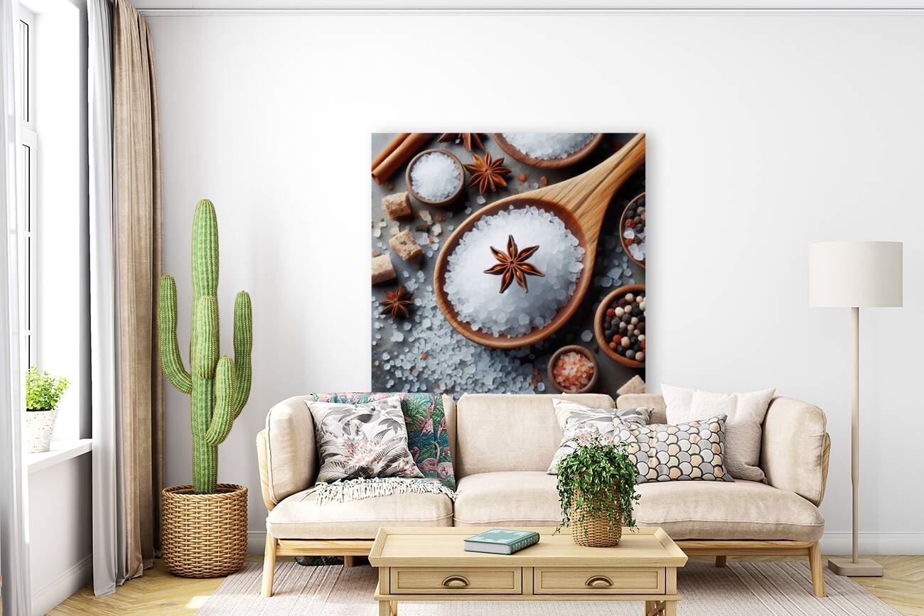 320 Sea ​​salt in wooden spoon top view Reproduction