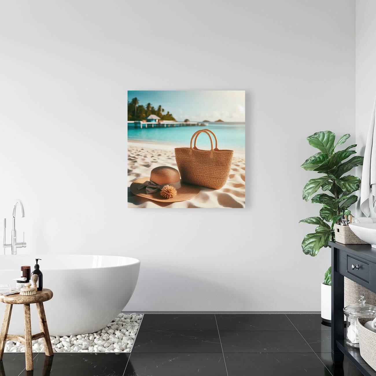 353 Bag with straw hat on the white sand on the t Reproduction