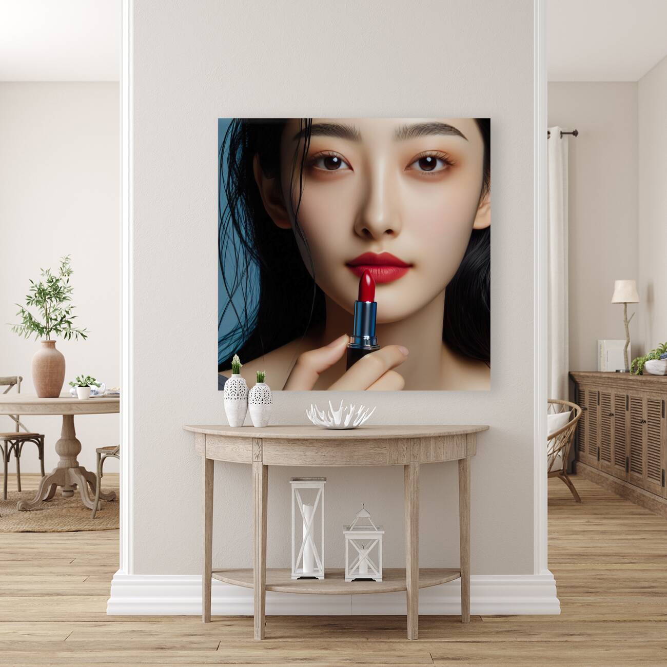 386 Women s red lipstick on blue background femin Reproduction