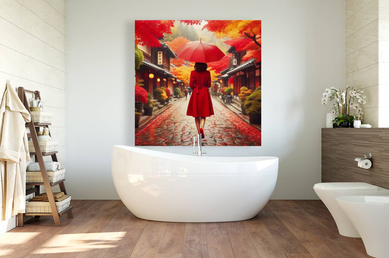 378 Woman in Red Coat with Red Umbrella from behi Reproduction