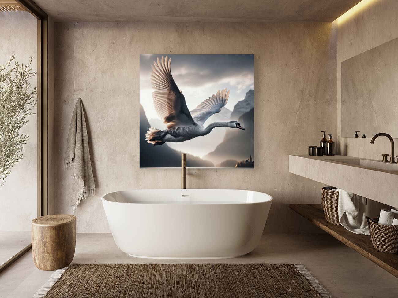 424 A grey swan Flying Through the Air With Its W Reproduction