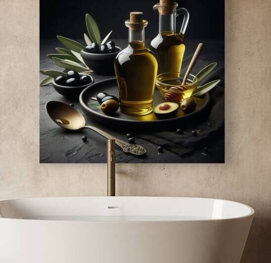 a bottle of extra virgin olive oil on a rustic ba by artvi