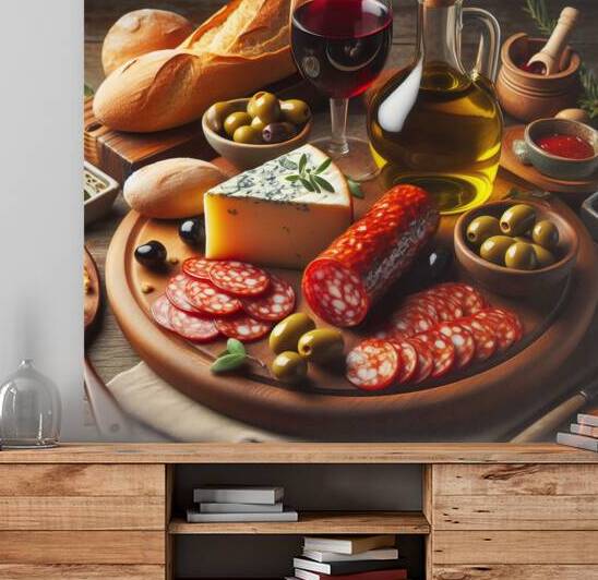 A wooden board with a variety of foods such as ch by artvi