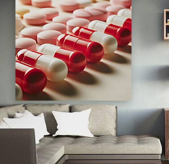 209 Row of red and white pills on white surface c by artvi