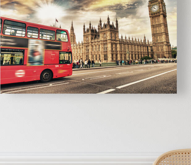 Westminster Bridge London. Red Double Decker Bus speeding up at dusk in front of Big Ben. by artvi