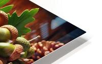 302 acorns and leaves on wooden table with copy s HD Metal print