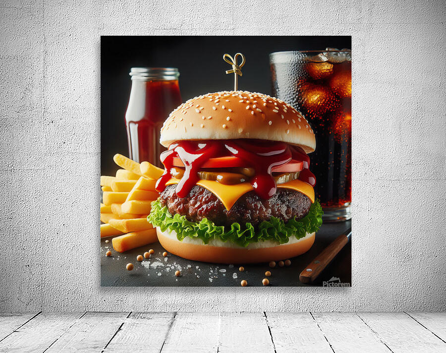 Hamburger french fries and drink on white 21 Wall Preview