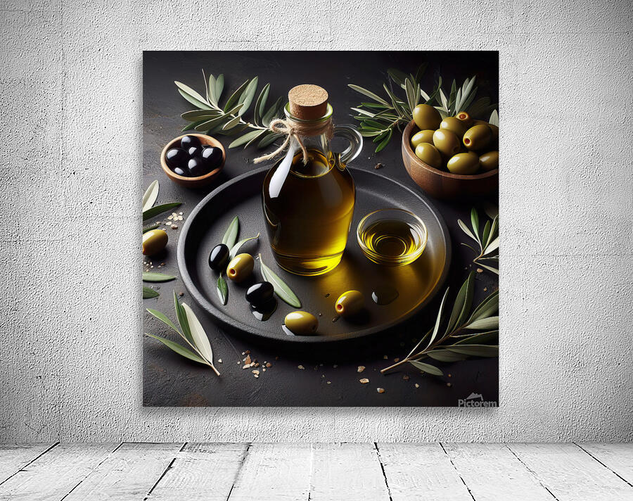 a bottle of extra virgin olive oil on a rustic ba 1714940180.9181 Wall Preview