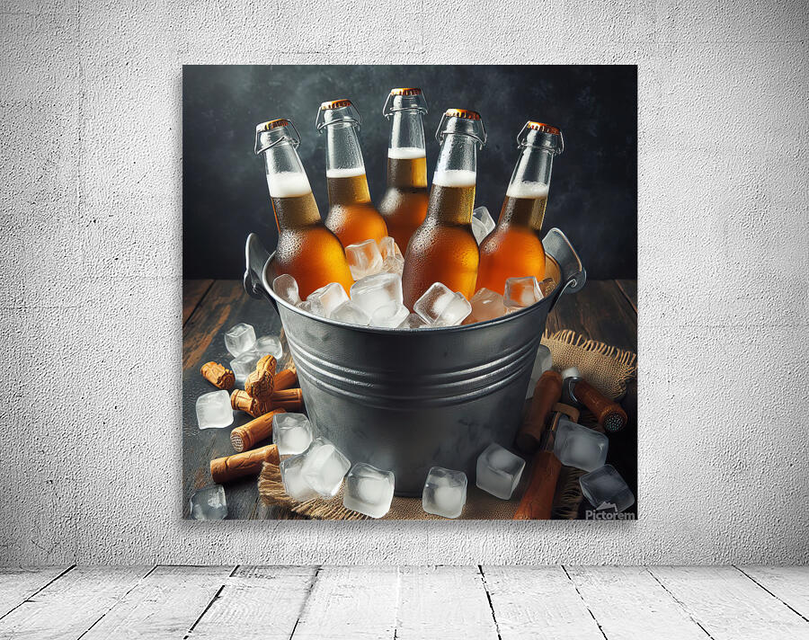 Metal bucket with beer bottles and ice cubes 3.jp Wall Preview