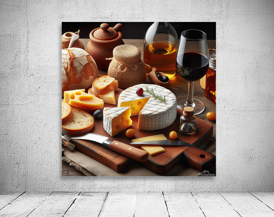 A wooden board with a variety of foods such as ch 1715187971.1457 Wall Preview