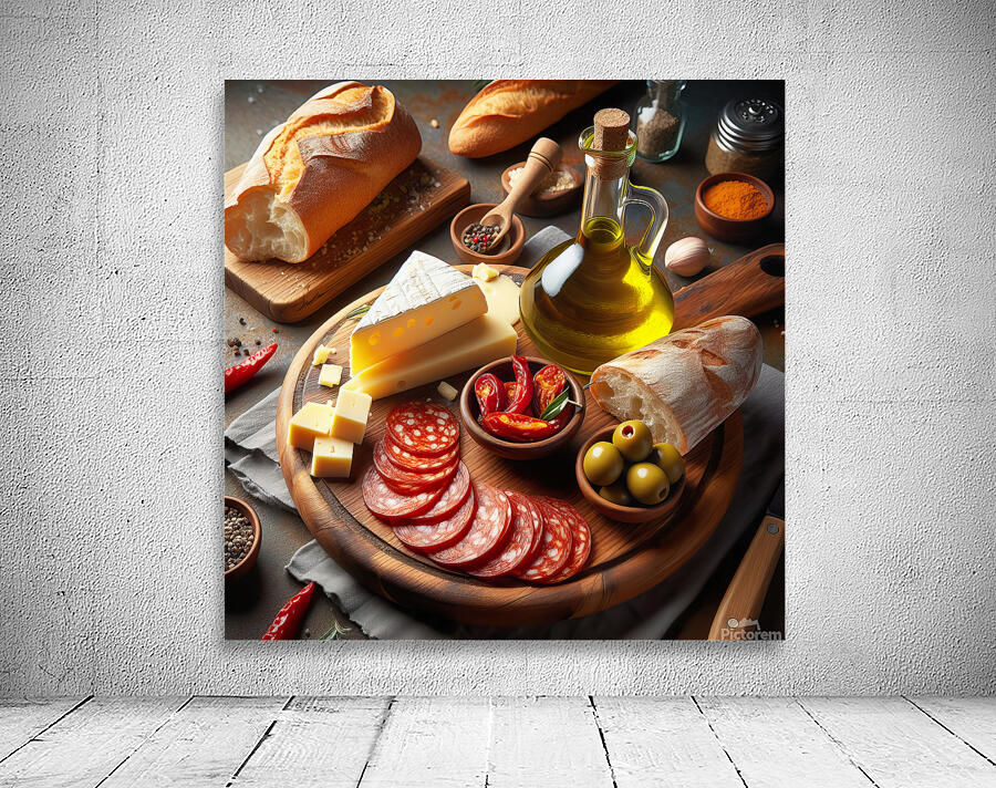 A wooden board with a variety of foods such as ch 1715187976.0502 Wall Preview