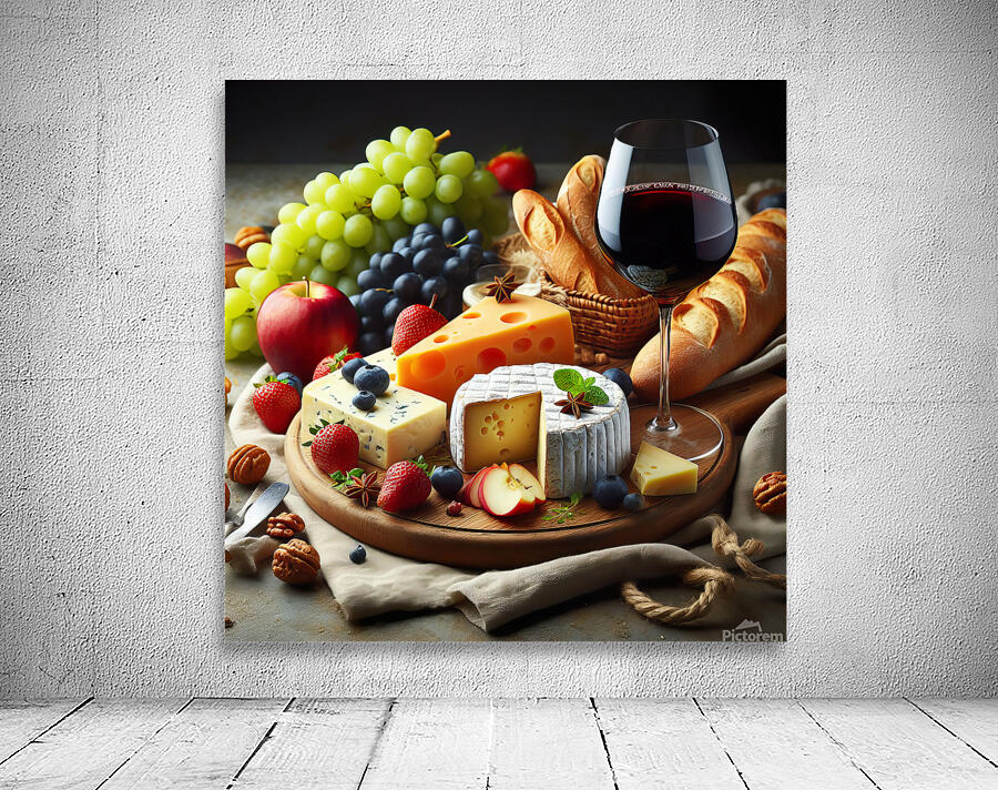 A wooden board with a variety of foods such as ch 1715187951.3367 Wall Preview