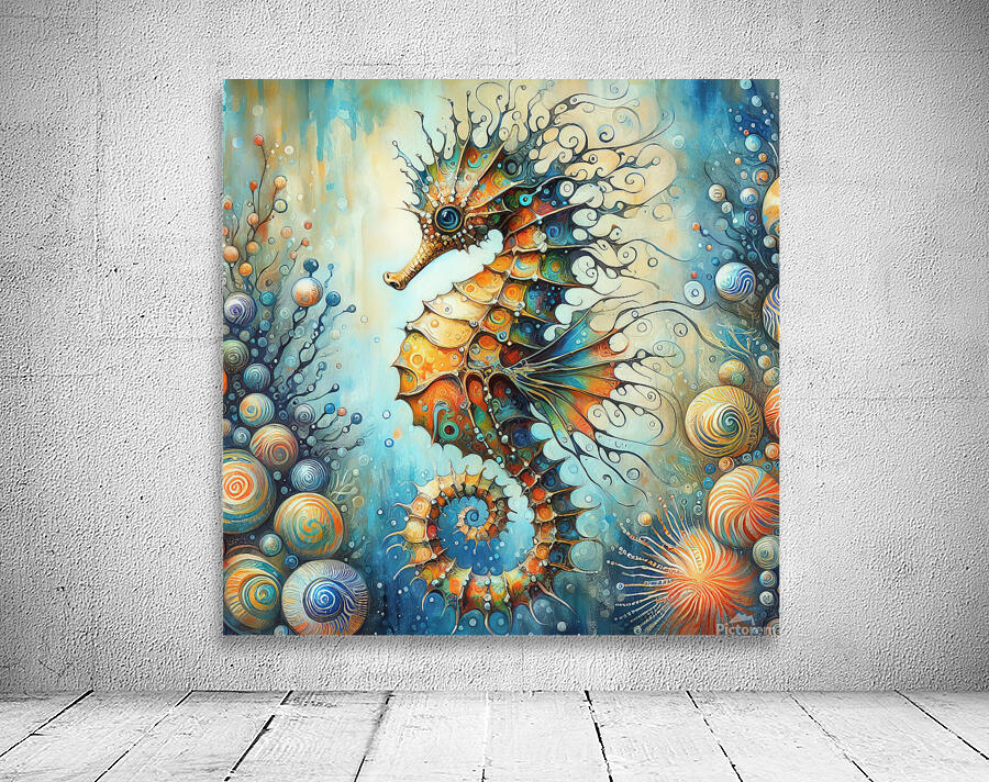 300 Mixed media painting of a whimsical seahorse. Wall Preview