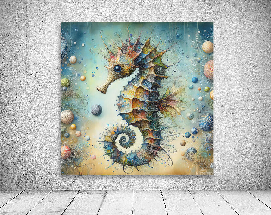 299 Mixed media painting of a whimsical seahorse. Wall Preview