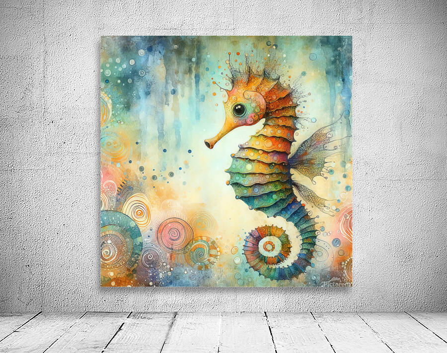 291 Mixed media painting of a whimsical seahorse. Wall Preview