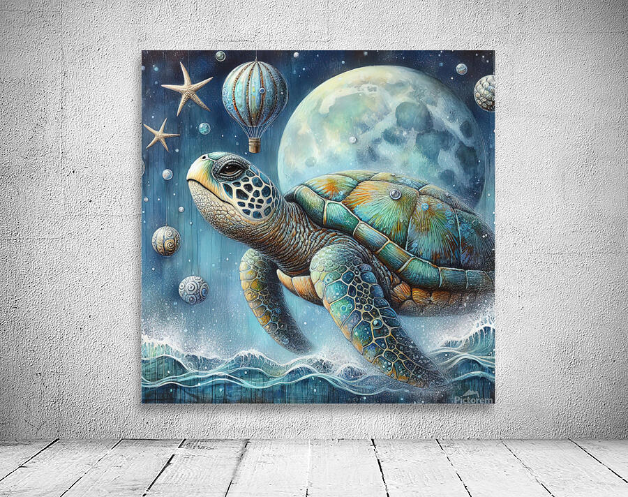324 Mixed media painting of a whimsical sea turtl Wall Preview