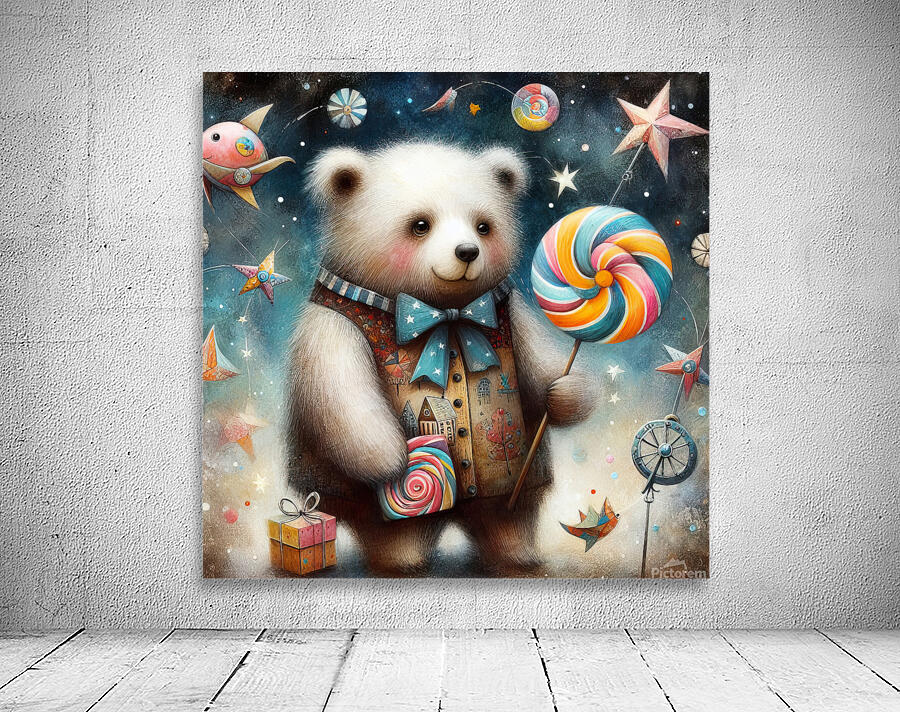342 Mixed media painting of a whimsical bear Wall Preview