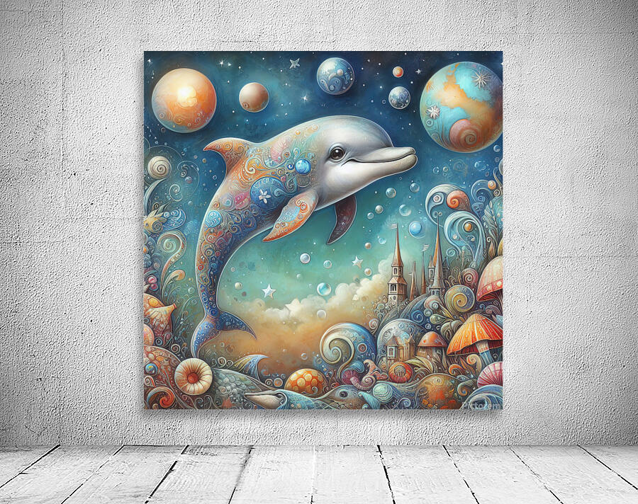 371 Mixed media painting of a whimsical dolphin.j Wall Preview