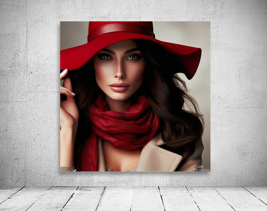 56 Elegant Woman in Red Hat and Scarf Wall Preview