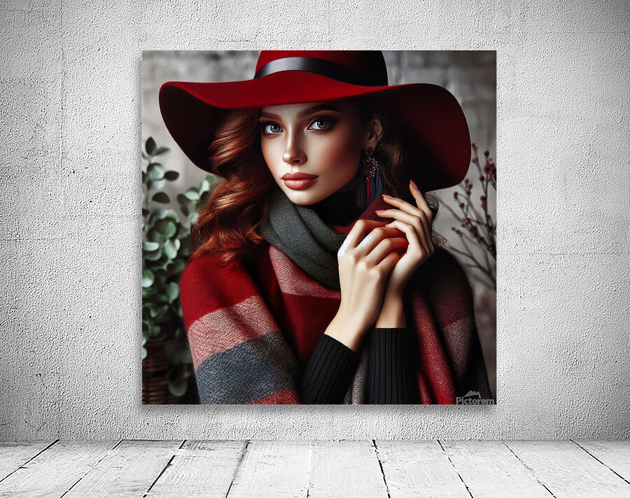 53 Elegant Woman in Red Hat and Scarf Wall Preview