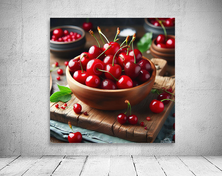 160 Red cherries on wooden board Wall Preview