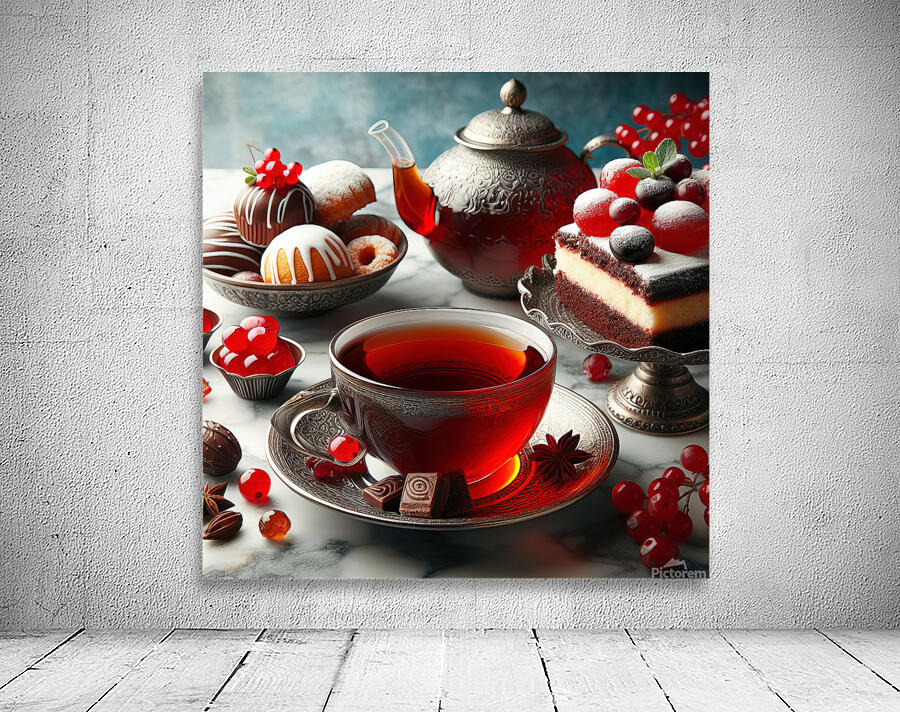 269 Two cups of red tea with cakes and sweets on Wall Preview