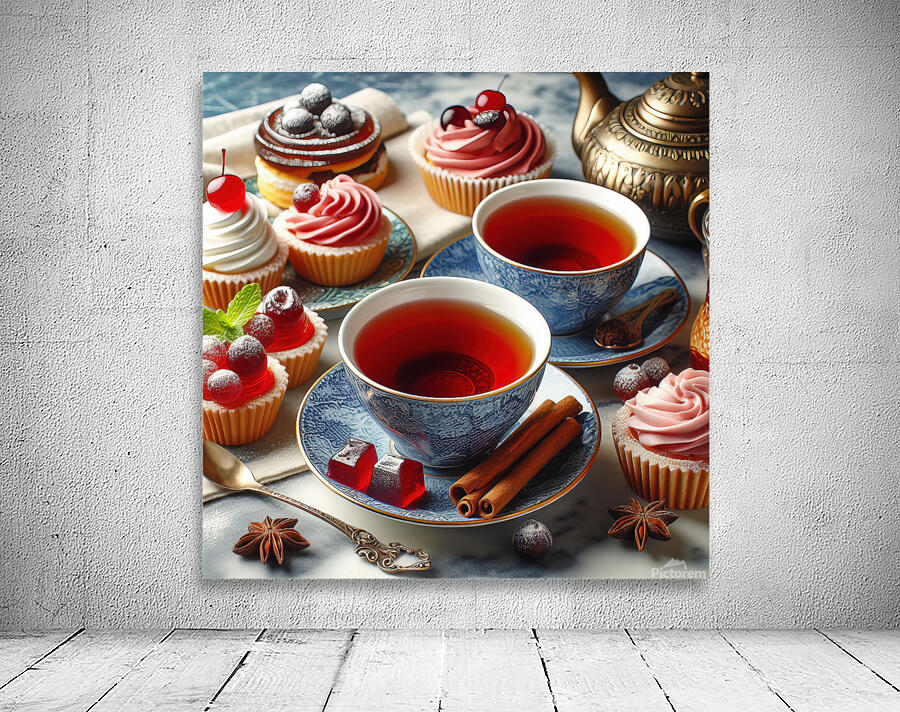 268 Two cups of red tea with cakes and sweets on Wall Preview