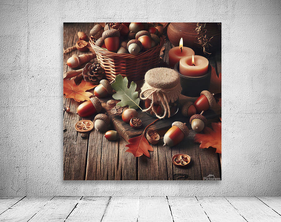 300 acorns and leaves on wooden table with copy s Wall Preview