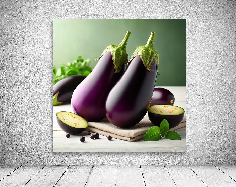 266 Two fresh eggplants on a white table and gree Wall Preview
