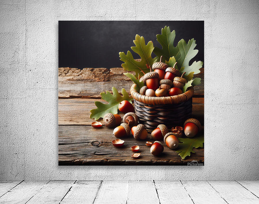 301 acorns and leaves on wooden table with copy s Wall Preview